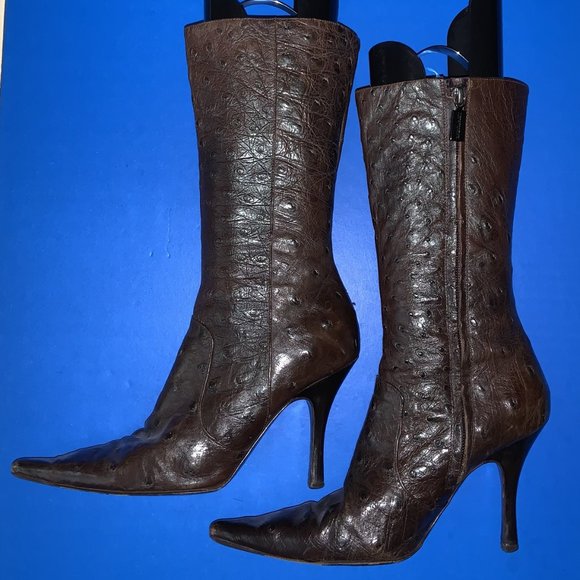 BRUNO MAGLI Brown Embossed Full Zip High Heel Knee High Boots Sz6 - Picture 2 of 5